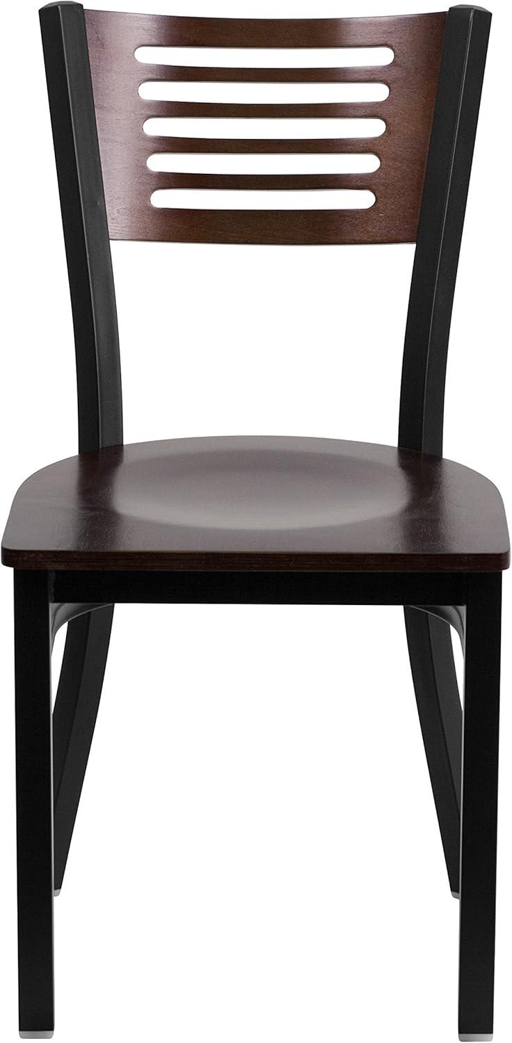 imageFlash Furniture HERCULES Series Black Slat Back Metal Restaurant Chair Walnut Wood Back Black Vinyl SeatWalnut Wood BackWalnut Wood SeatBlack Metal Frame