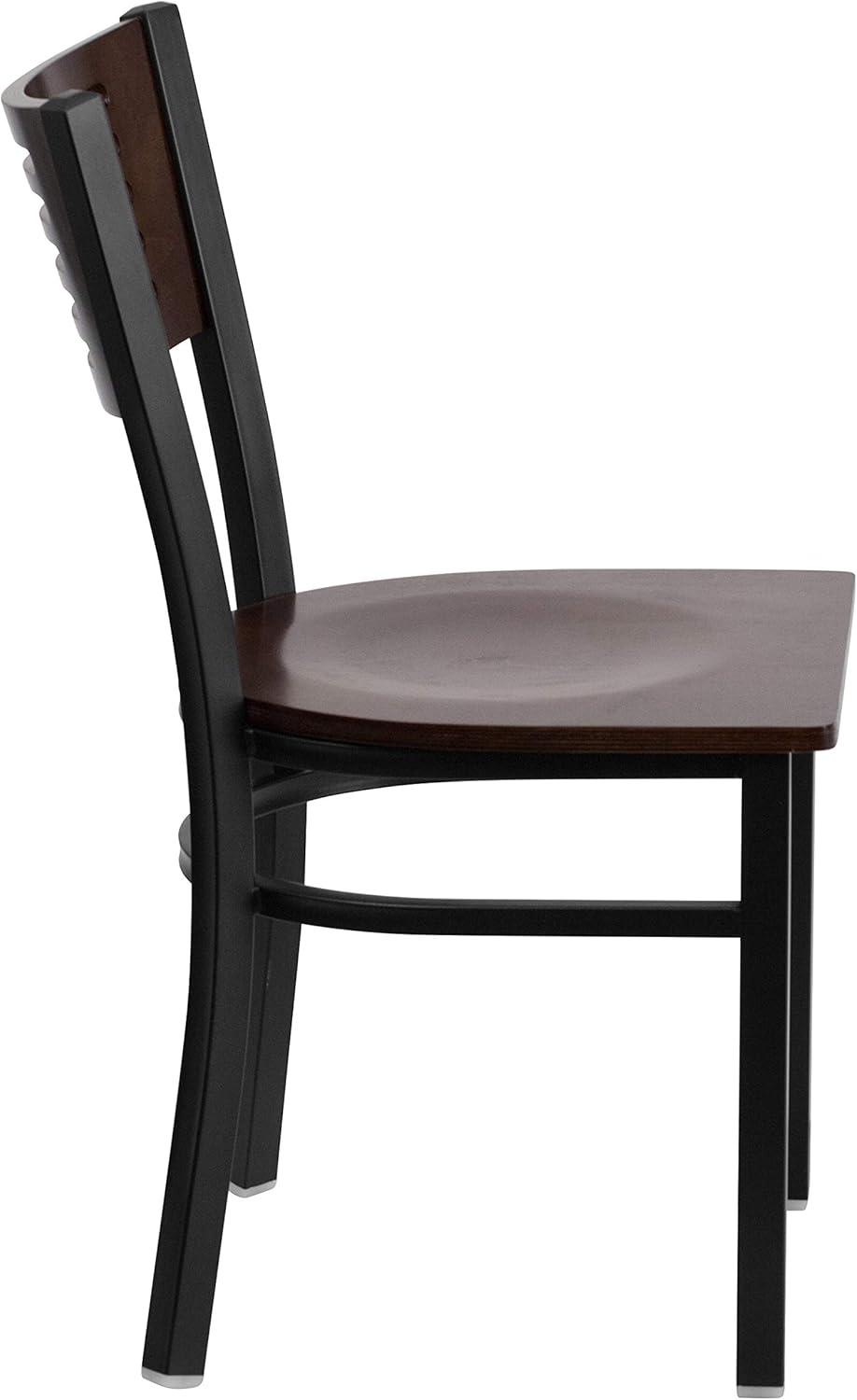 imageFlash Furniture HERCULES Series Black Slat Back Metal Restaurant Chair Walnut Wood Back Black Vinyl SeatWalnut Wood BackWalnut Wood SeatBlack Metal Frame