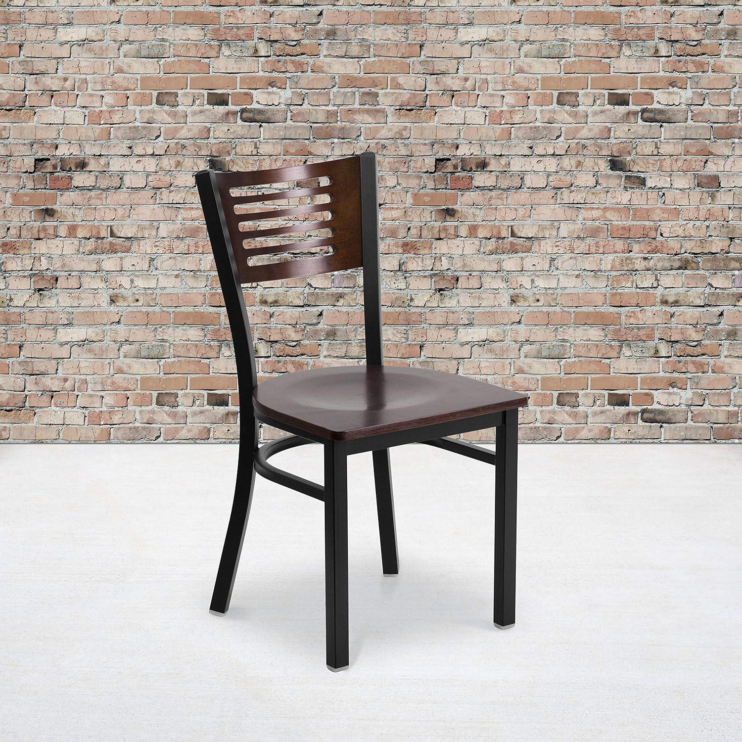 imageFlash Furniture HERCULES Series Black Slat Back Metal Restaurant Chair Walnut Wood Back Black Vinyl SeatWalnut Wood BackWalnut Wood SeatBlack Metal Frame