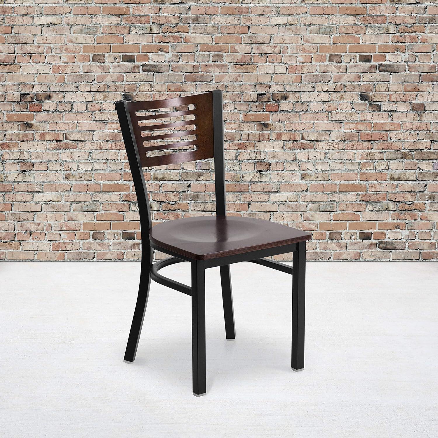 imageFlash Furniture HERCULES Series Black Slat Back Metal Restaurant Chair Walnut Wood Back Black Vinyl SeatWalnut Wood BackWalnut Wood SeatBlack Metal Frame