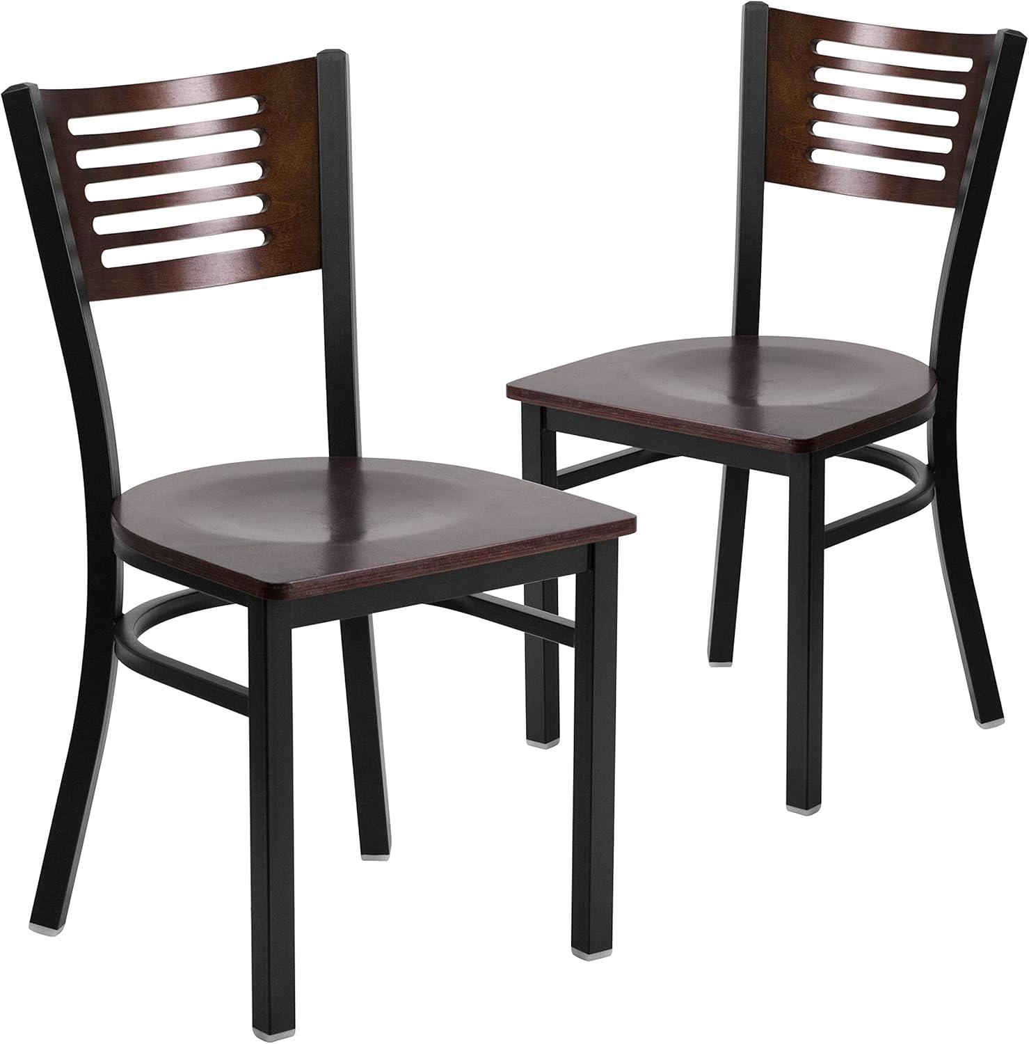 imageFlash Furniture HERCULES Series Black Slat Back Metal Restaurant Chair Walnut Wood Back Black Vinyl SeatWalnut Wood BackWalnut Wood SeatBlack Metal Frame