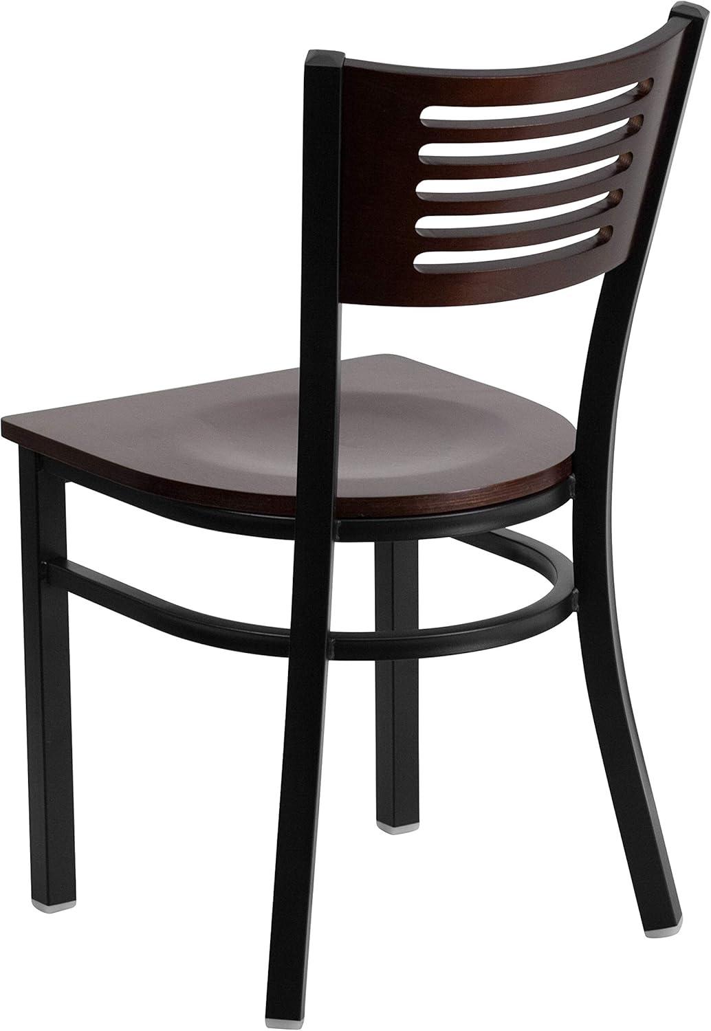 imageFlash Furniture HERCULES Series Black Slat Back Metal Restaurant Chair Walnut Wood Back Black Vinyl SeatWalnut Wood BackWalnut Wood SeatBlack Metal Frame