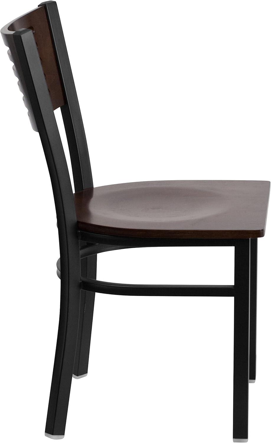 imageFlash Furniture HERCULES Series Black Slat Back Metal Restaurant Chair Walnut Wood Back Black Vinyl SeatWalnut Wood BackWalnut Wood SeatBlack Metal Frame