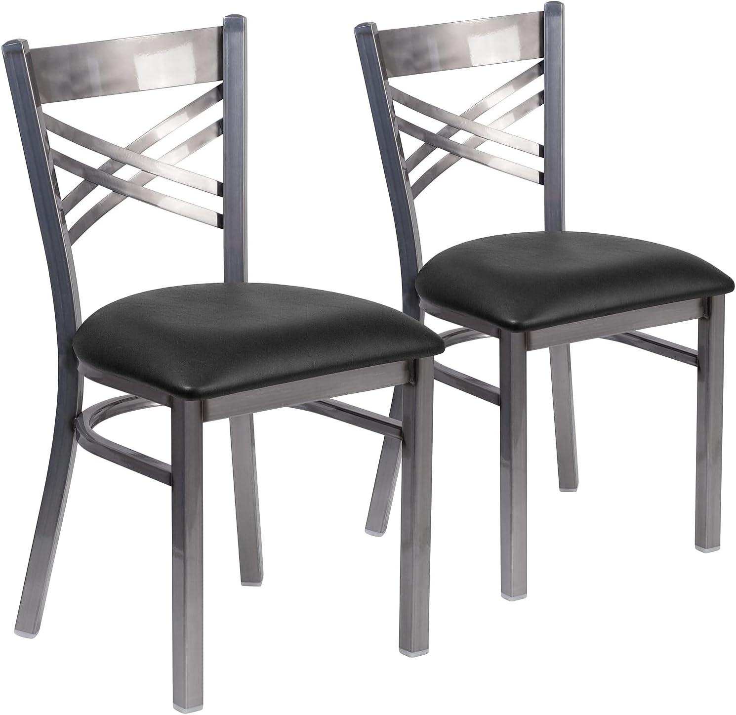 imageFlash Furniture HERCULES Series Clear Coated X Back Metal Restaurant Chair Black Vinyl SeatBlack Vinyl SeatClear Coated Metal Frame
