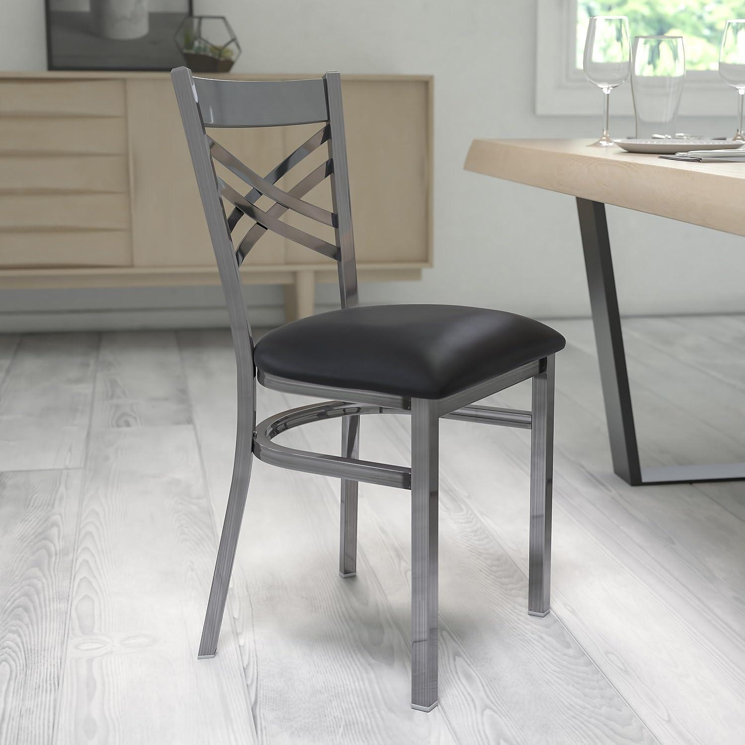 imageFlash Furniture HERCULES Series Clear Coated X Back Metal Restaurant Chair Black Vinyl SeatBlack Vinyl SeatClear Coated Metal Frame