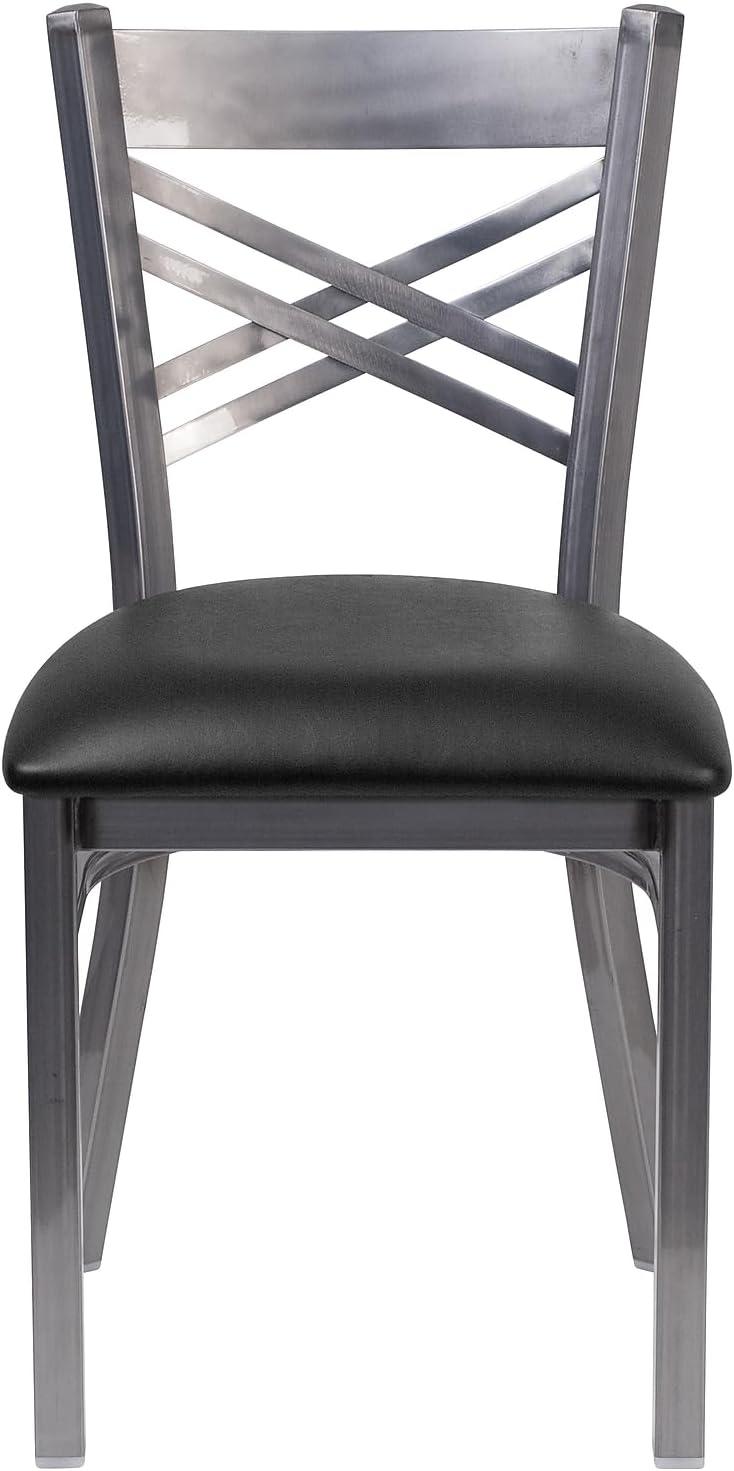 imageFlash Furniture HERCULES Series Clear Coated X Back Metal Restaurant Chair Black Vinyl SeatBlack Vinyl SeatClear Coated Metal Frame