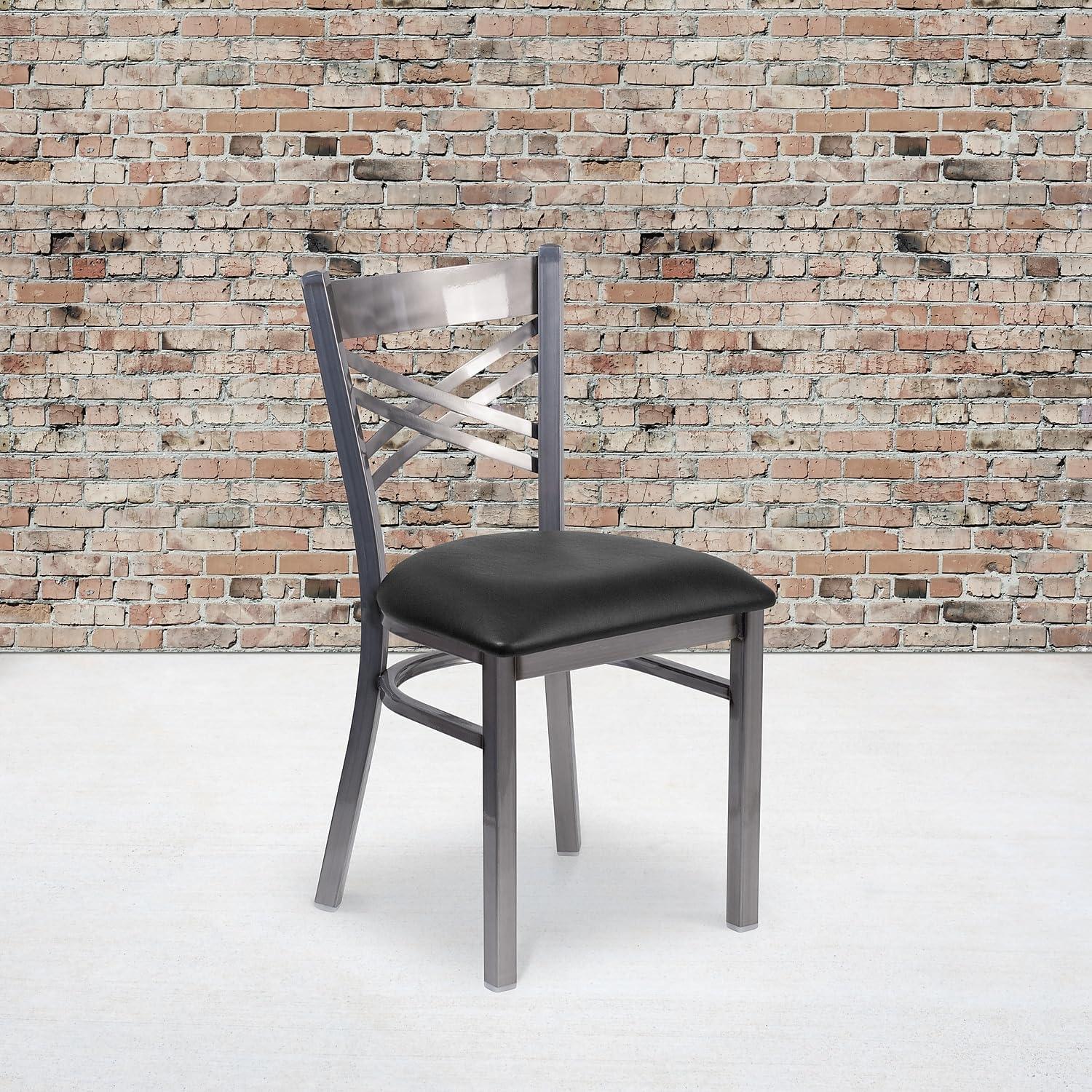 imageFlash Furniture HERCULES Series Clear Coated X Back Metal Restaurant Chair Black Vinyl SeatBlack Vinyl SeatClear Coated Metal Frame
