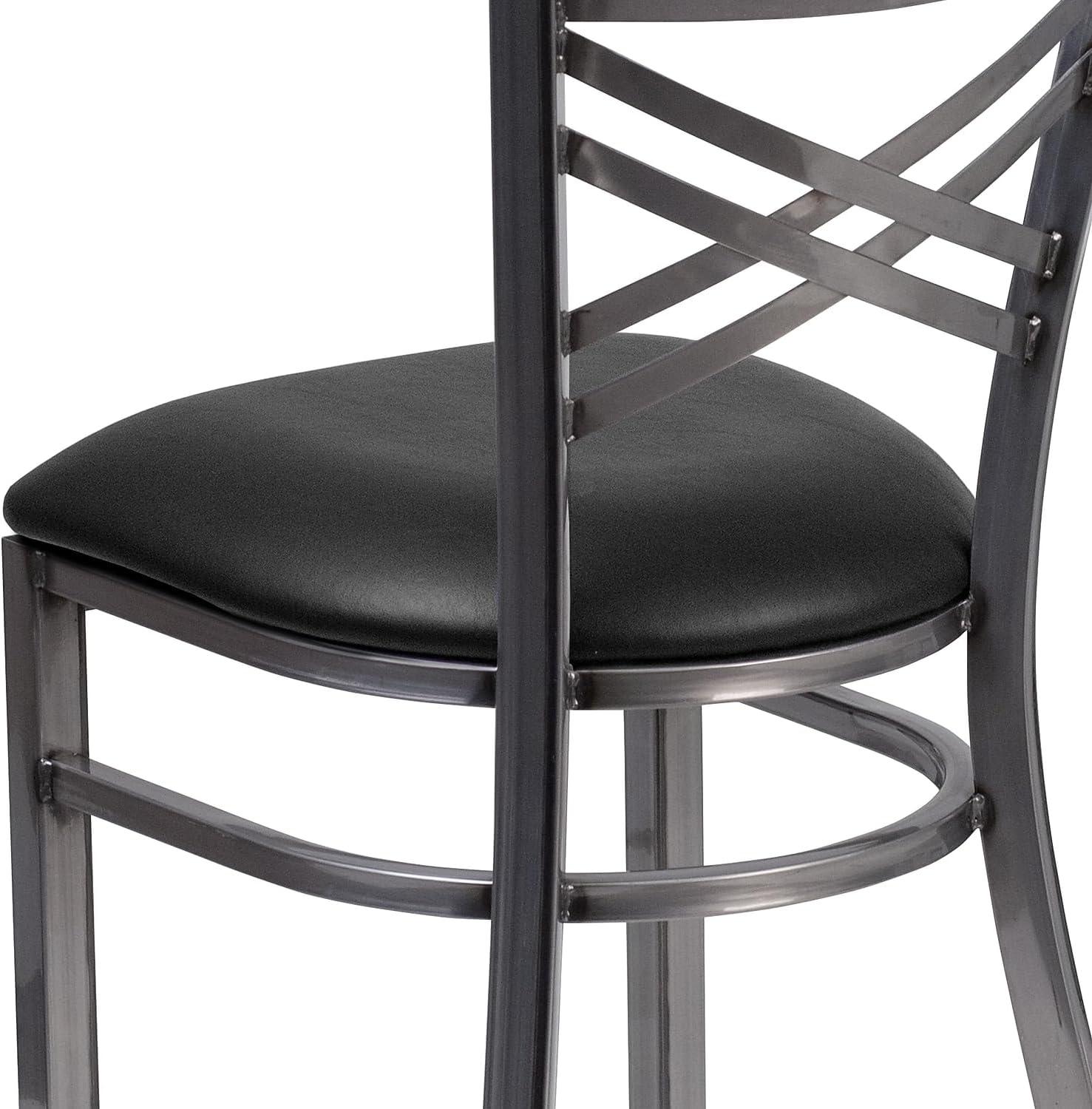 imageFlash Furniture HERCULES Series Clear Coated X Back Metal Restaurant Chair Black Vinyl SeatBlack Vinyl SeatClear Coated Metal Frame