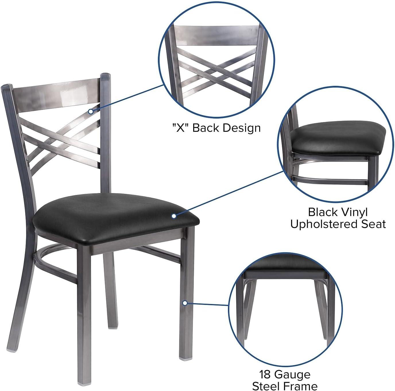 imageFlash Furniture HERCULES Series Clear Coated X Back Metal Restaurant Chair Black Vinyl SeatBlack Vinyl SeatClear Coated Metal Frame