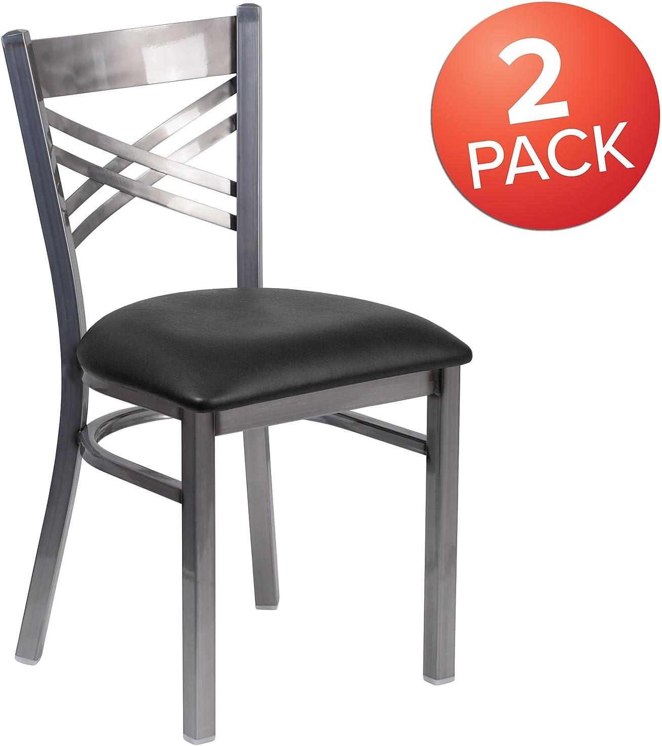 imageFlash Furniture HERCULES Series Clear Coated X Back Metal Restaurant Chair Black Vinyl SeatBlack Vinyl SeatClear Coated Metal Frame