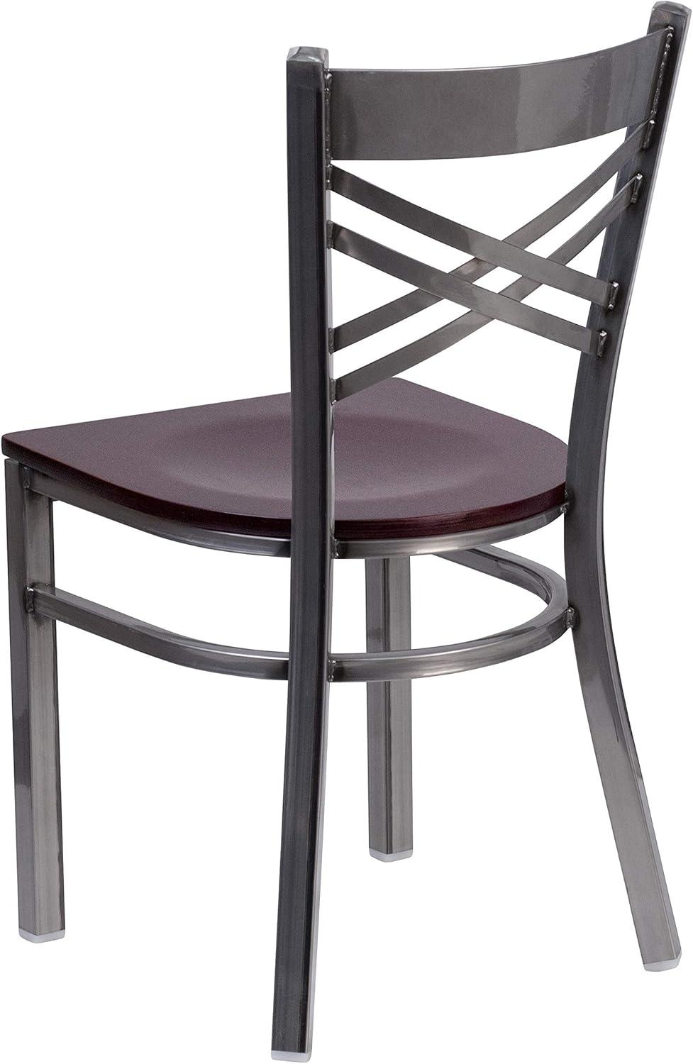 imageFlash Furniture HERCULES Series Clear Coated X Back Metal Restaurant Chair Black Vinyl SeatMahogany Wood SeatClear Coated Metal Frame