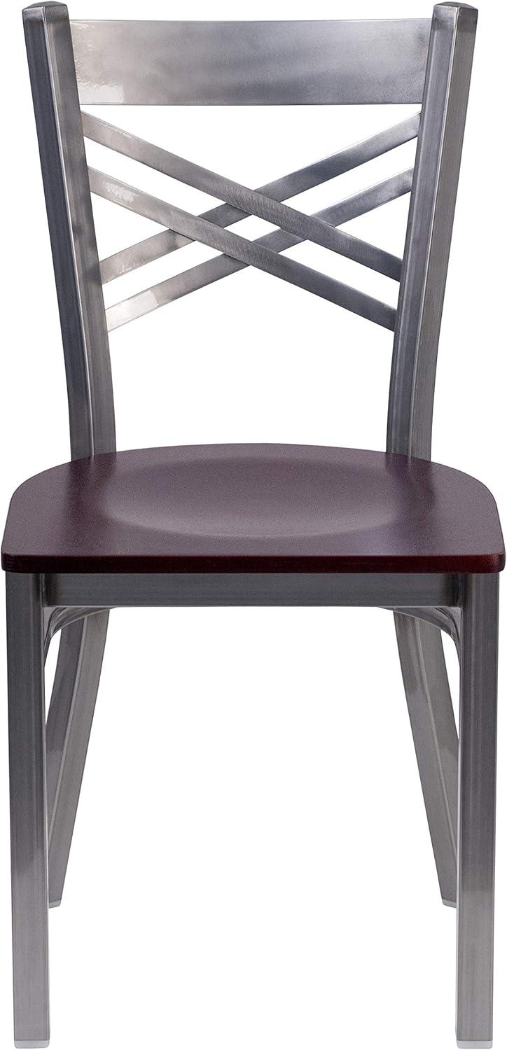 imageFlash Furniture HERCULES Series Clear Coated X Back Metal Restaurant Chair Black Vinyl SeatMahogany Wood SeatClear Coated Metal Frame