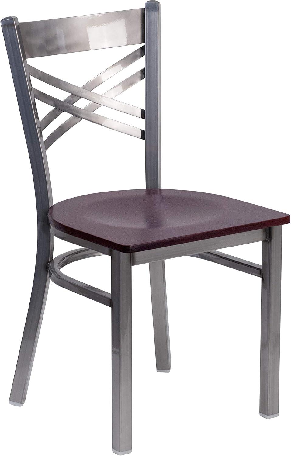 imageFlash Furniture HERCULES Series Clear Coated X Back Metal Restaurant Chair Black Vinyl SeatMahogany Wood SeatClear Coated Metal Frame
