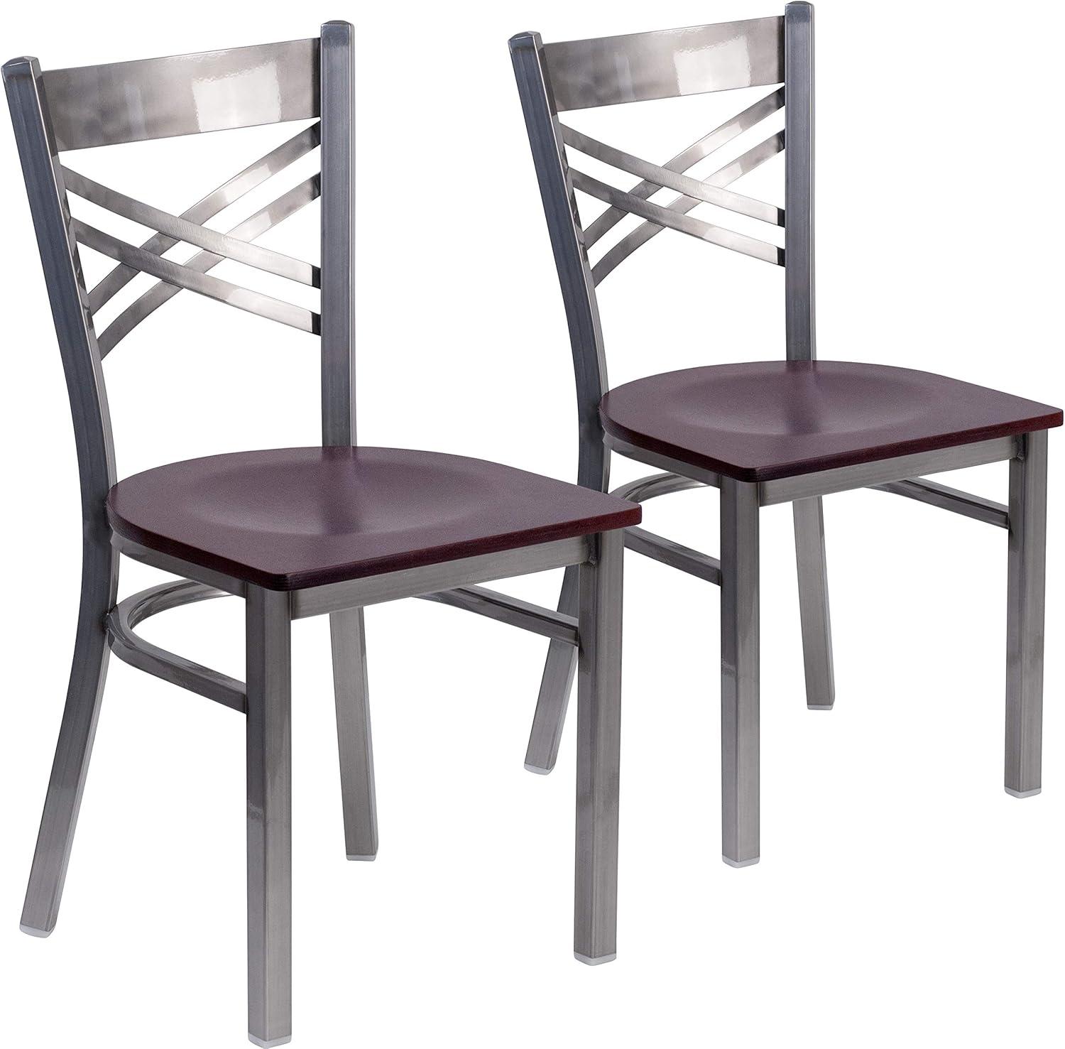 imageFlash Furniture HERCULES Series Clear Coated X Back Metal Restaurant Chair Black Vinyl SeatMahogany Wood SeatClear Coated Metal Frame