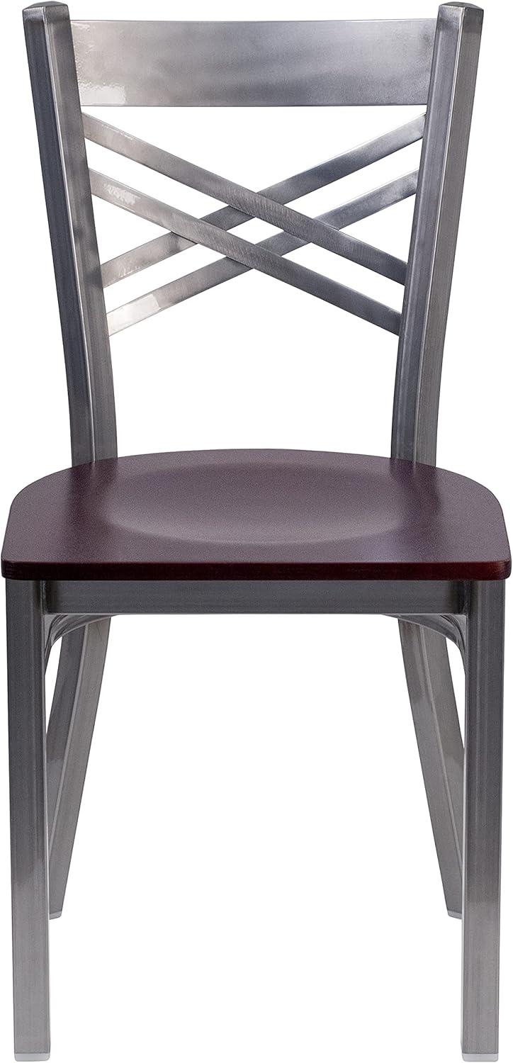 imageFlash Furniture HERCULES Series Clear Coated X Back Metal Restaurant Chair Black Vinyl SeatMahogany Wood SeatClear Coated Metal Frame