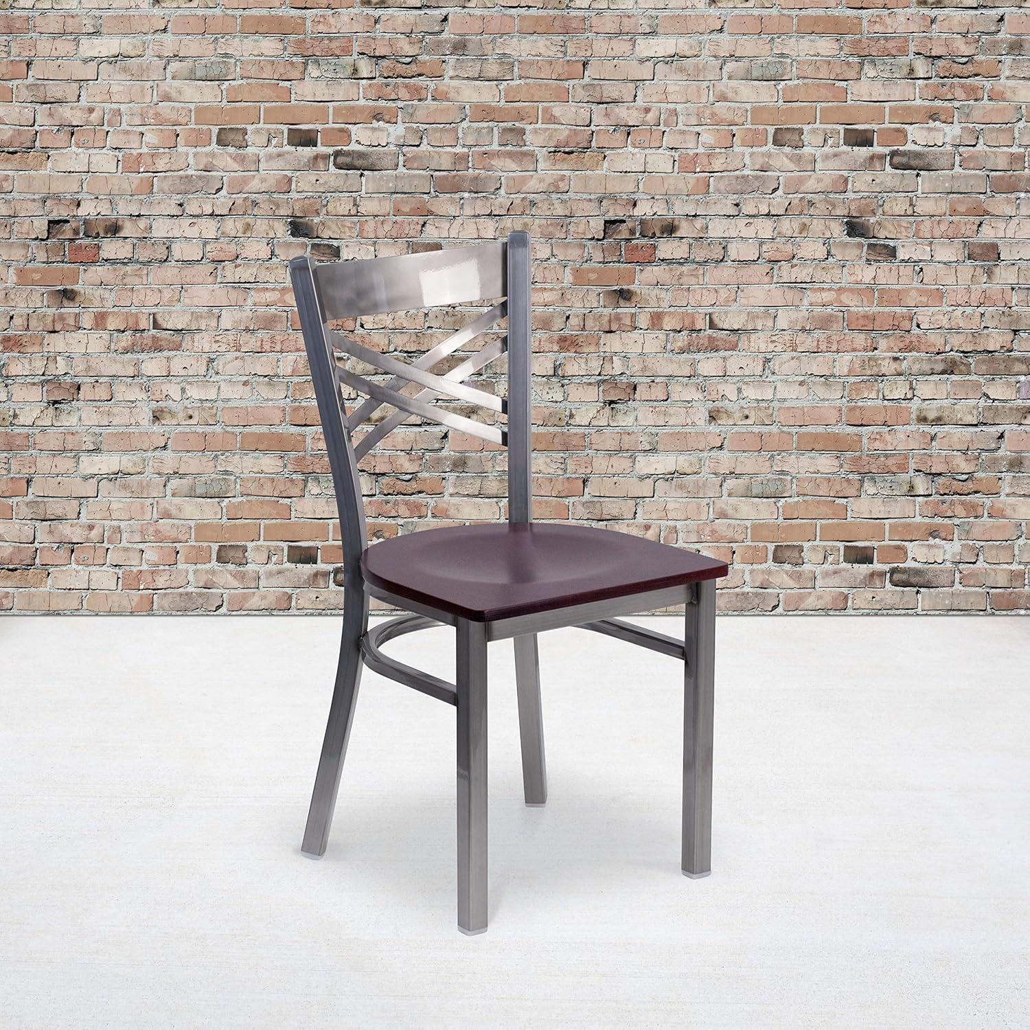 imageFlash Furniture HERCULES Series Clear Coated X Back Metal Restaurant Chair Black Vinyl SeatMahogany Wood SeatClear Coated Metal Frame