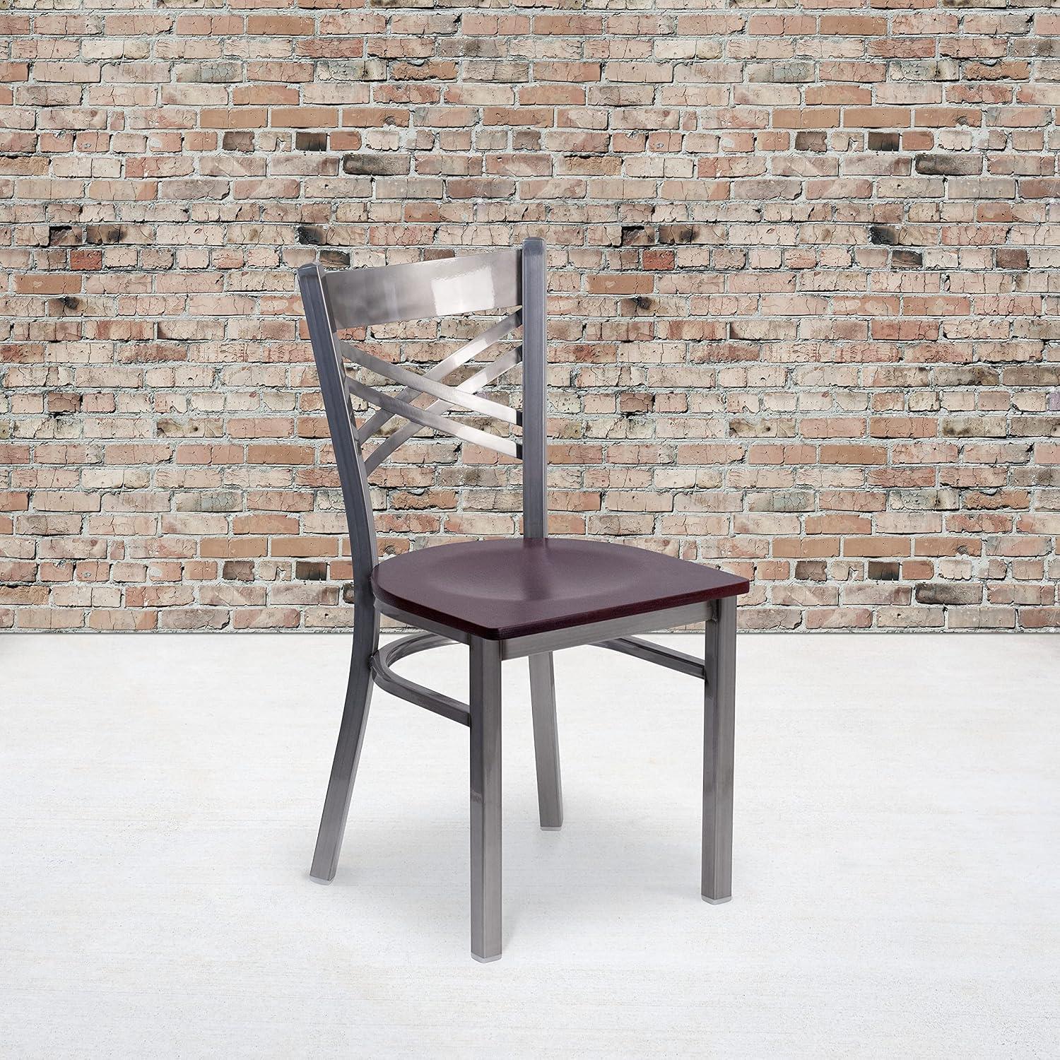 imageFlash Furniture HERCULES Series Clear Coated X Back Metal Restaurant Chair Black Vinyl SeatMahogany Wood SeatClear Coated Metal Frame