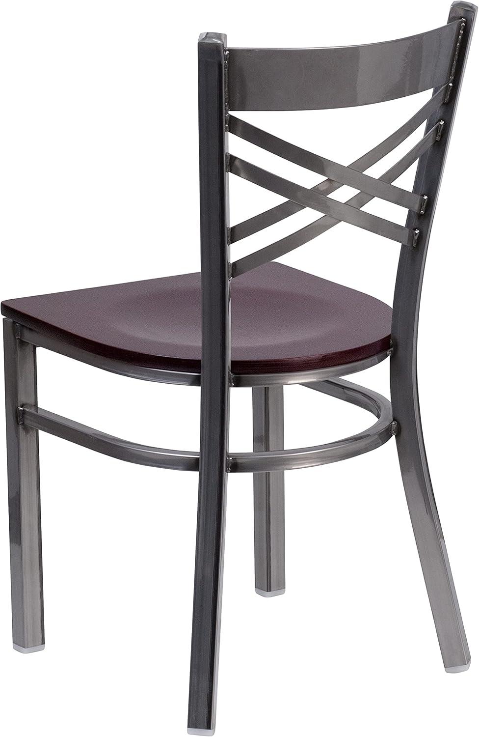 imageFlash Furniture HERCULES Series Clear Coated X Back Metal Restaurant Chair Black Vinyl SeatMahogany Wood SeatClear Coated Metal Frame