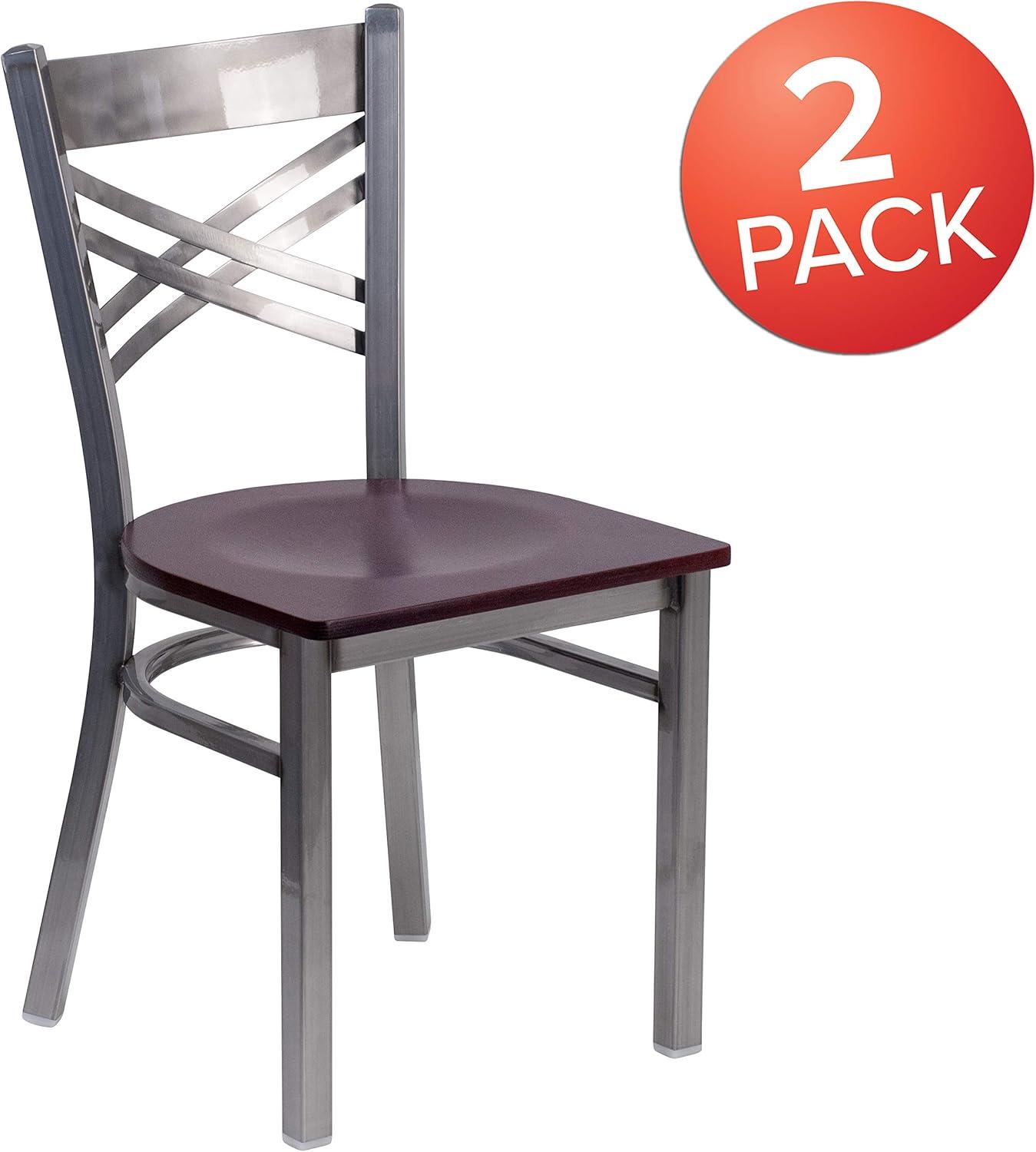 imageFlash Furniture HERCULES Series Clear Coated X Back Metal Restaurant Chair Black Vinyl SeatMahogany Wood SeatClear Coated Metal Frame