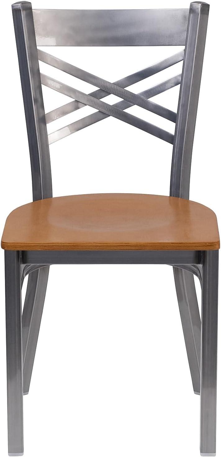 imageFlash Furniture HERCULES Series Clear Coated X Back Metal Restaurant Chair Black Vinyl SeatNatural Wood SeatClear Coated Metal Frame