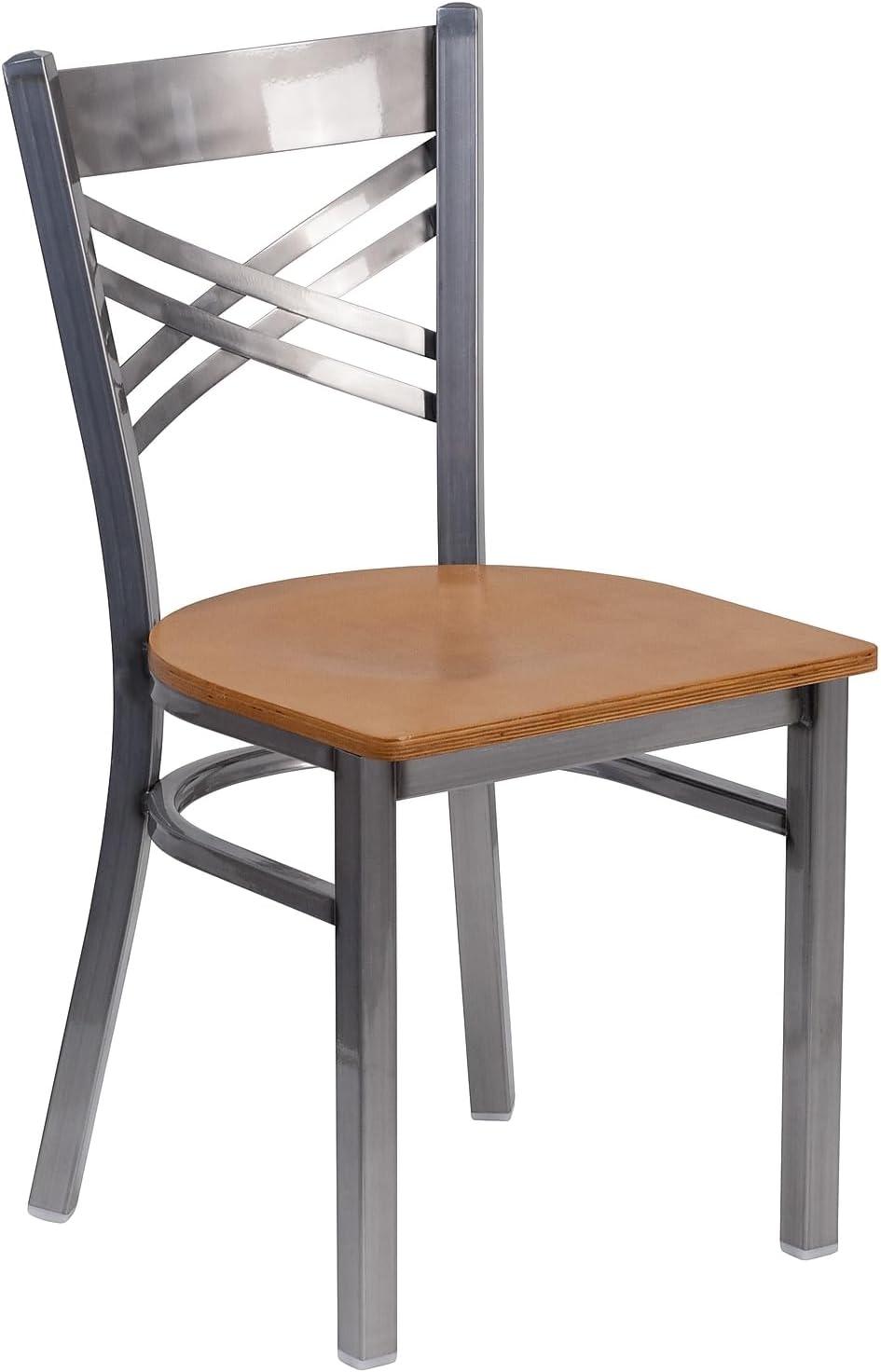 imageFlash Furniture HERCULES Series Clear Coated X Back Metal Restaurant Chair Black Vinyl SeatNatural Wood SeatClear Coated Metal Frame