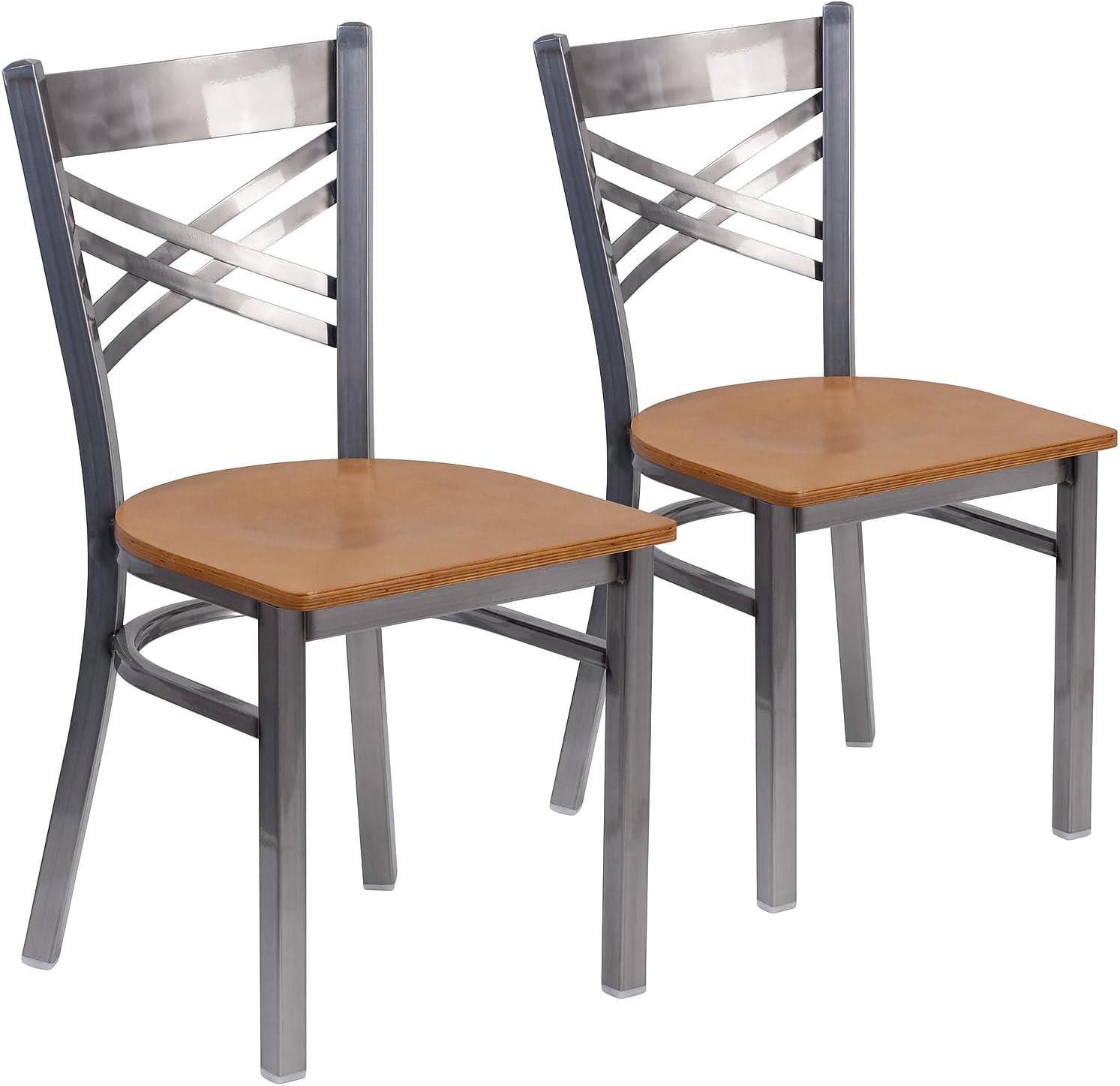 imageFlash Furniture HERCULES Series Clear Coated X Back Metal Restaurant Chair Black Vinyl SeatNatural Wood SeatClear Coated Metal Frame