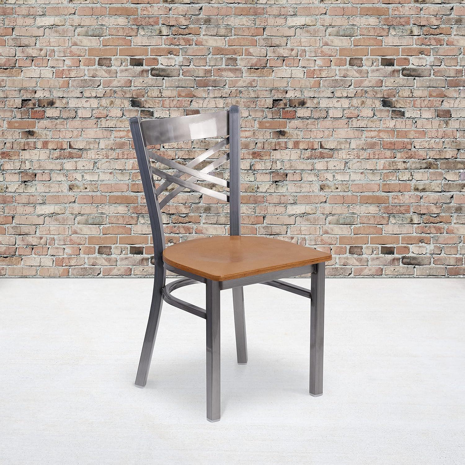 imageFlash Furniture HERCULES Series Clear Coated X Back Metal Restaurant Chair Black Vinyl SeatNatural Wood SeatClear Coated Metal Frame