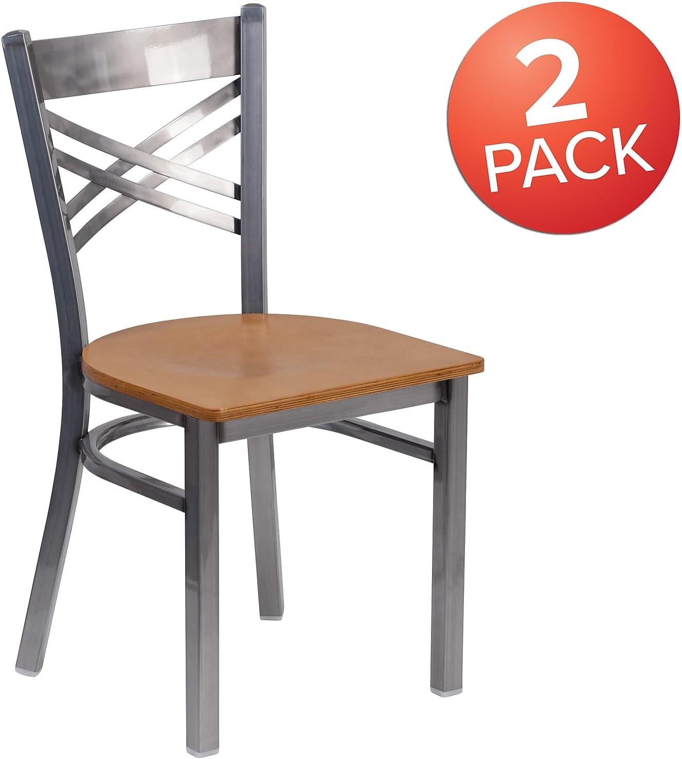 imageFlash Furniture HERCULES Series Clear Coated X Back Metal Restaurant Chair Black Vinyl SeatNatural Wood SeatClear Coated Metal Frame