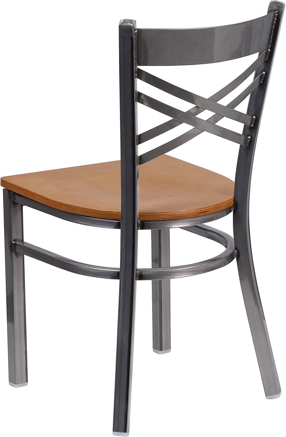 imageFlash Furniture HERCULES Series Clear Coated X Back Metal Restaurant Chair Black Vinyl SeatNatural Wood SeatClear Coated Metal Frame