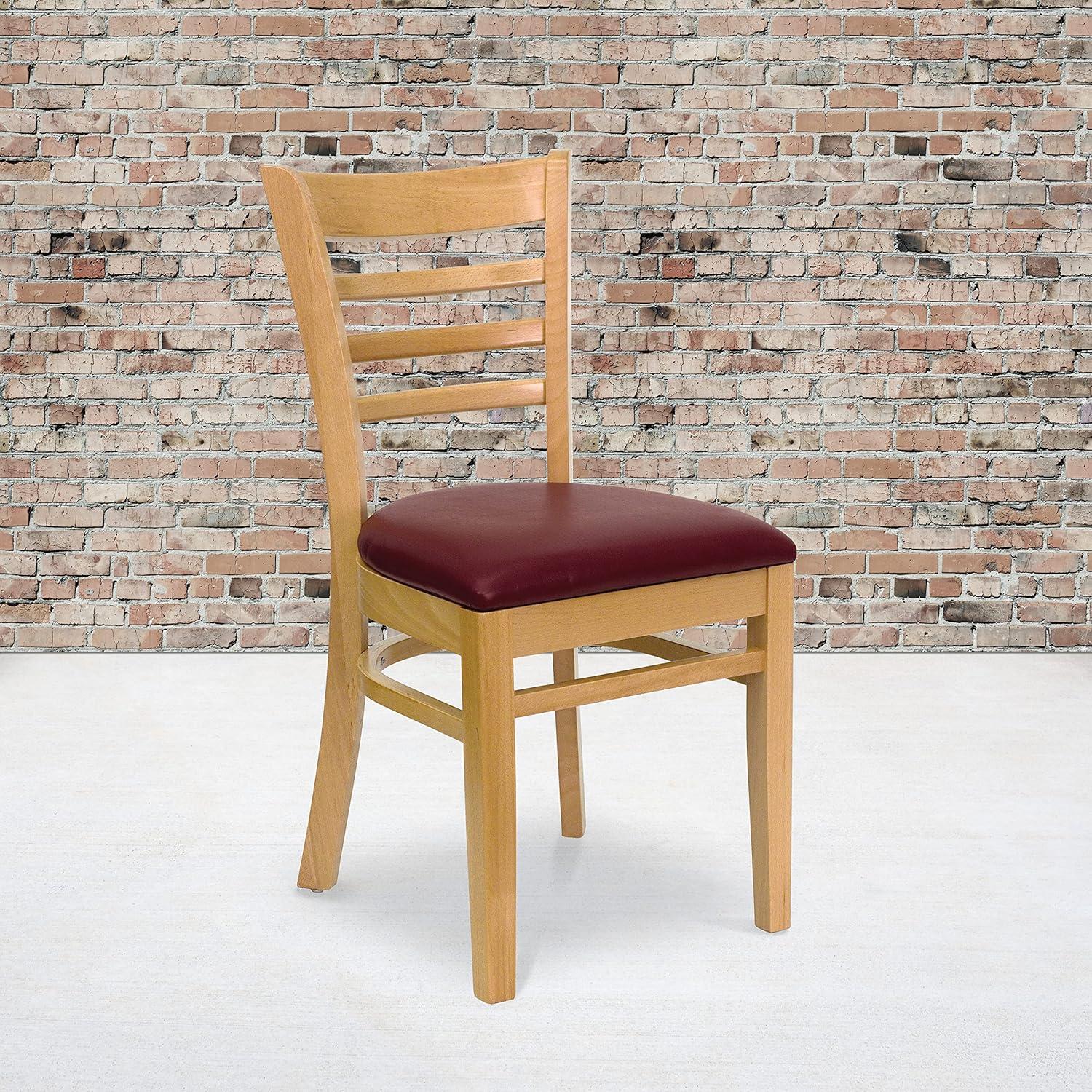 imageFlash Furniture HERCULES Series Ladder Back Mahogany Wood Restaurant Chair Burgundy Vinyl SeatBurgundy Vinyl SeatNatural Wood Frame