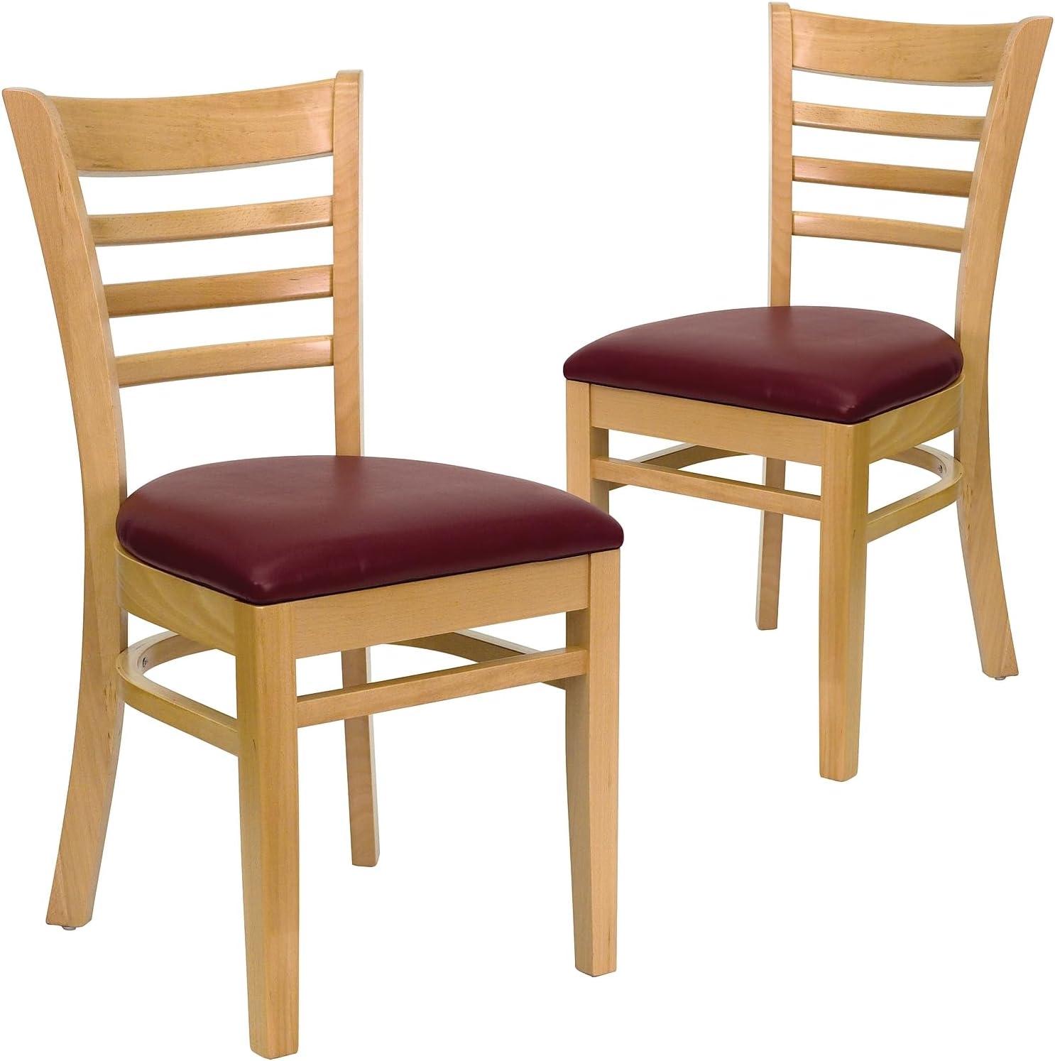 imageFlash Furniture HERCULES Series Ladder Back Mahogany Wood Restaurant Chair Burgundy Vinyl SeatBurgundy Vinyl SeatNatural Wood Frame