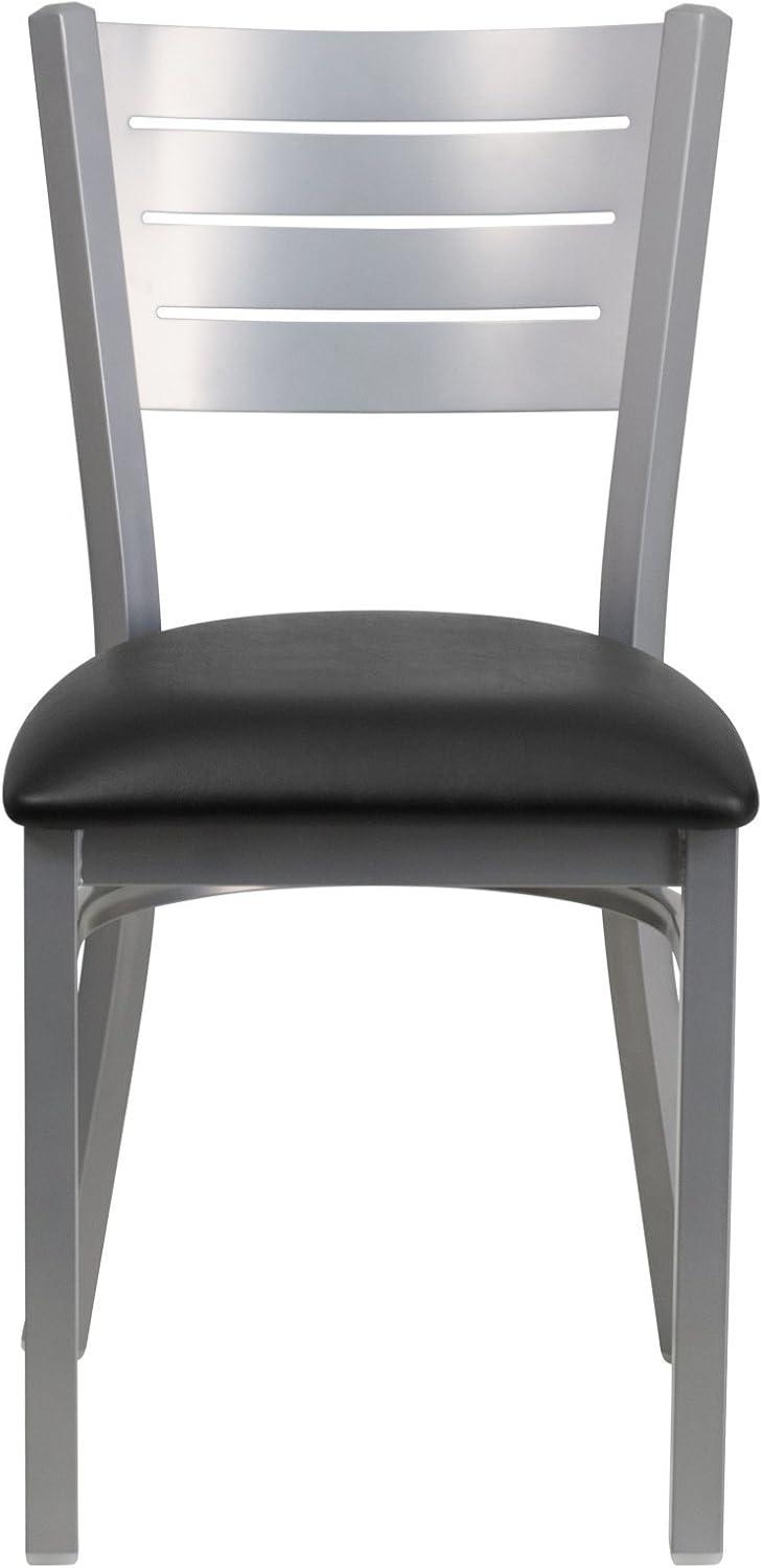 imageFlash Furniture HERCULES Series Silver Slat Back Metal Restaurant Chair Black Vinyl SeatBlack Vinyl Seat
