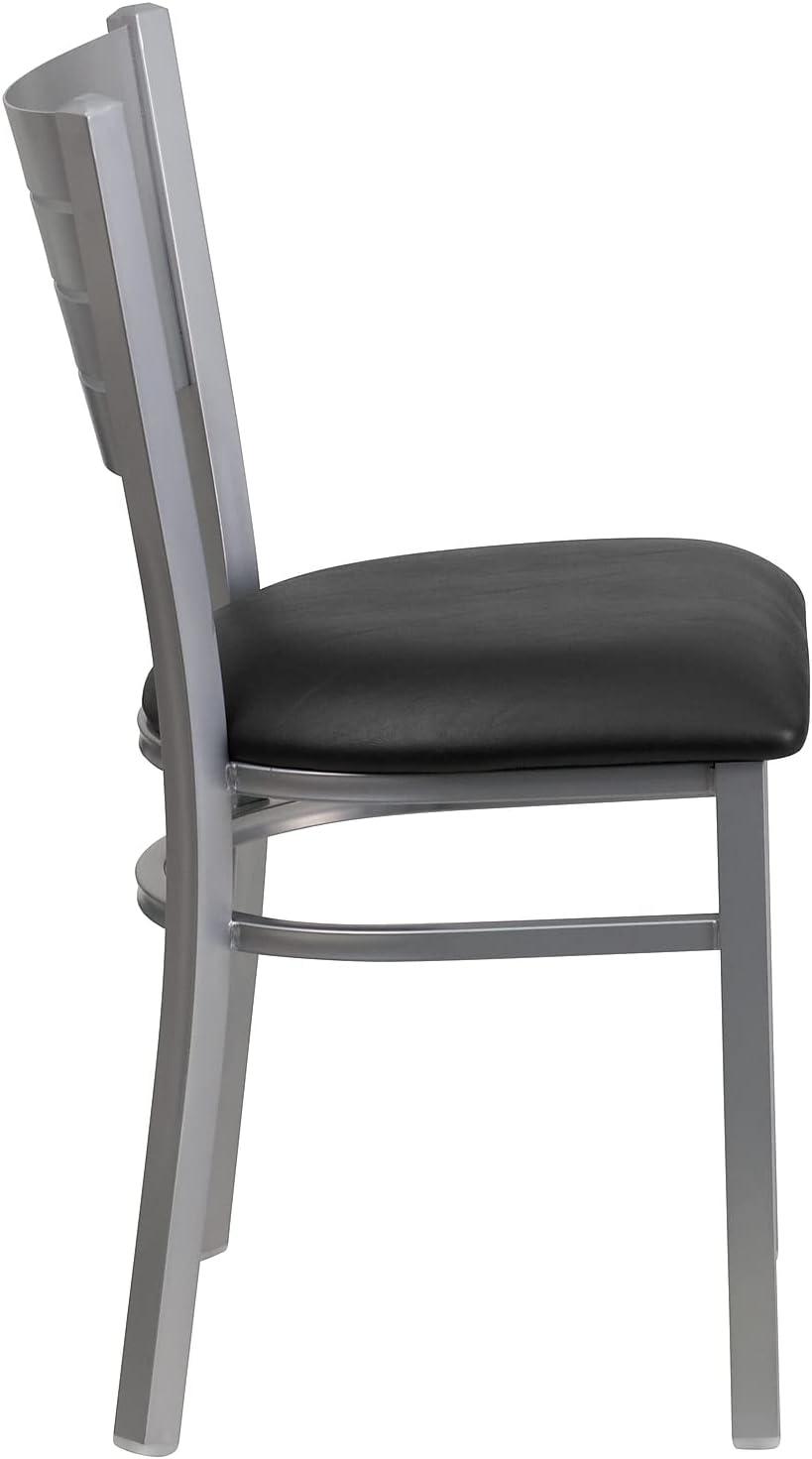 imageFlash Furniture HERCULES Series Silver Slat Back Metal Restaurant Chair Black Vinyl SeatBlack Vinyl SeatSilver Frame