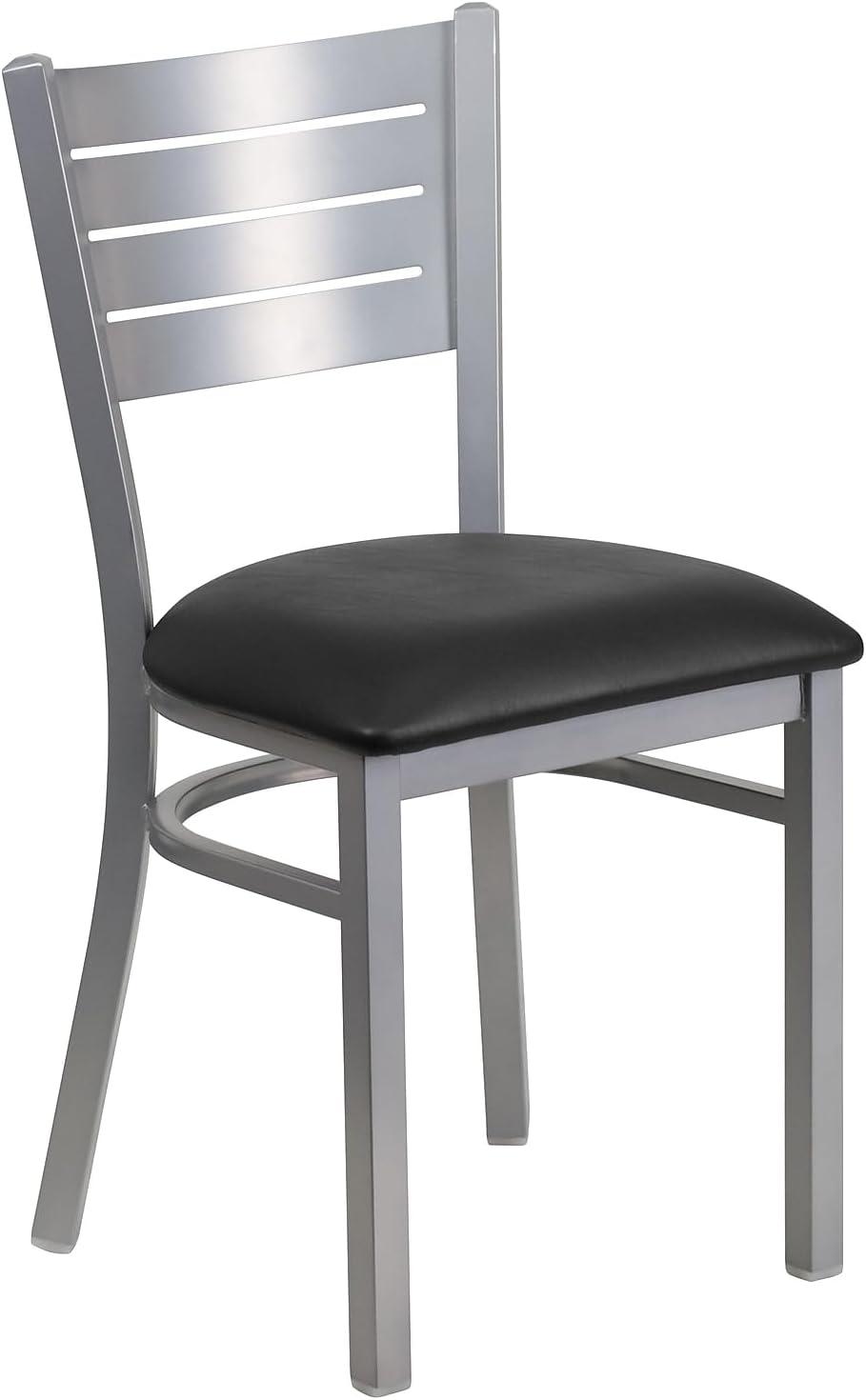 imageFlash Furniture HERCULES Series Silver Slat Back Metal Restaurant Chair Black Vinyl SeatBlack Vinyl SeatSilver Frame