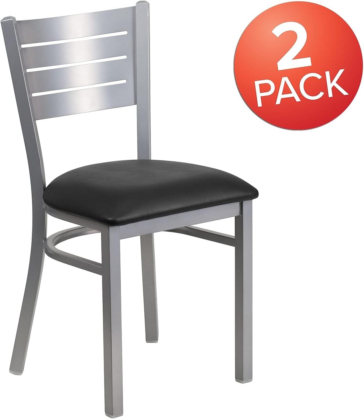 imageFlash Furniture HERCULES Series Silver Slat Back Metal Restaurant Chair Black Vinyl SeatBlack Vinyl SeatSilver Frame