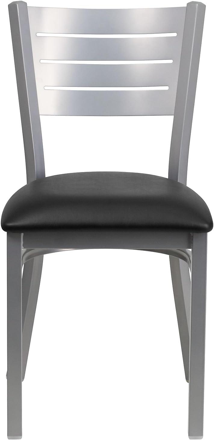 imageFlash Furniture HERCULES Series Silver Slat Back Metal Restaurant Chair Black Vinyl SeatBlack Vinyl SeatSilver Frame