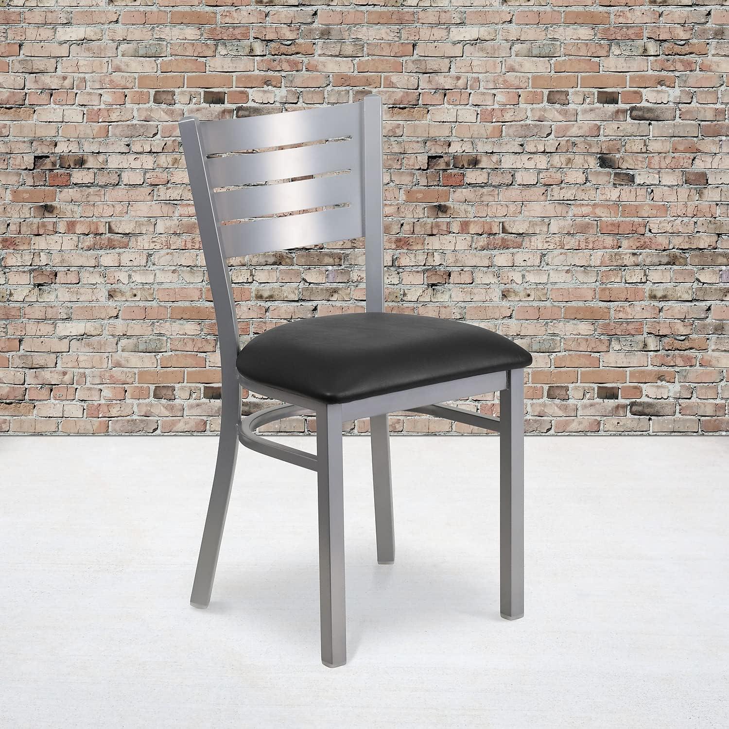 imageFlash Furniture HERCULES Series Silver Slat Back Metal Restaurant Chair Black Vinyl SeatBlack Vinyl SeatSilver Frame
