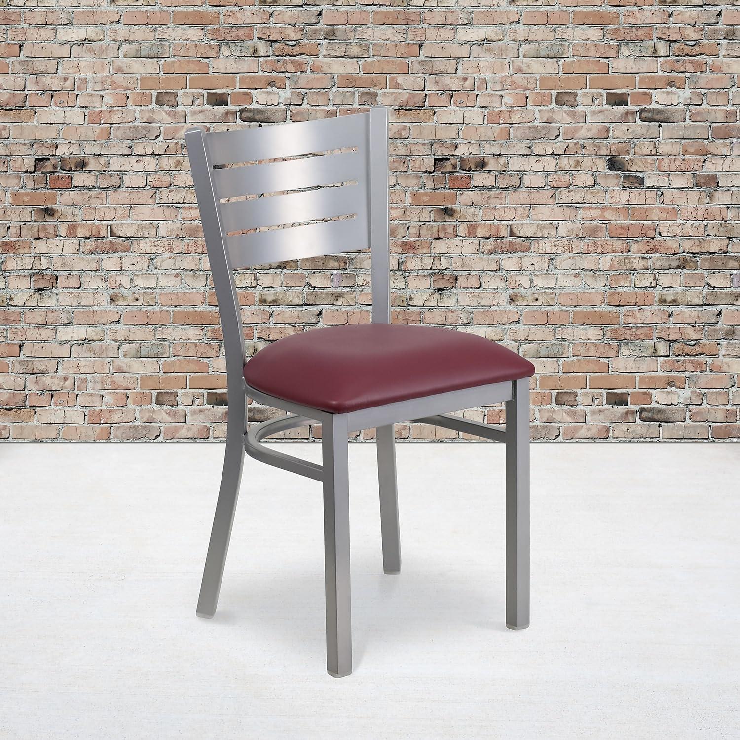imageFlash Furniture HERCULES Series Silver Slat Back Metal Restaurant Chair Black Vinyl SeatBurgundy Vinyl Seat
