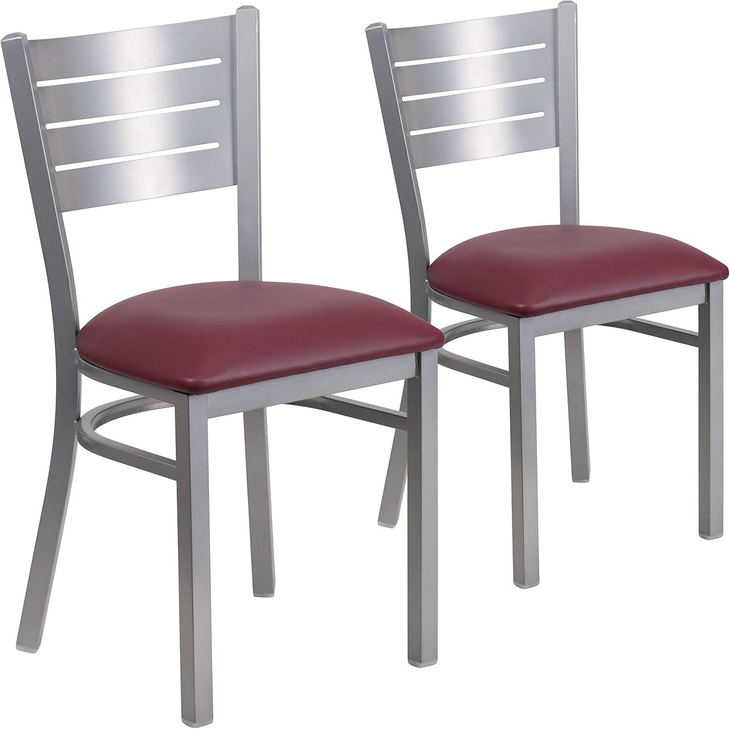 imageFlash Furniture HERCULES Series Silver Slat Back Metal Restaurant Chair Black Vinyl SeatBurgundy Vinyl SeatSilver Frame