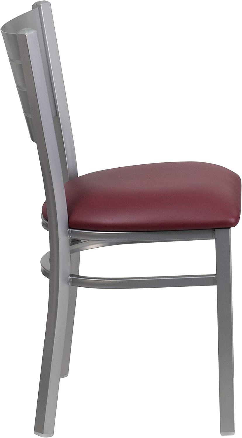 imageFlash Furniture HERCULES Series Silver Slat Back Metal Restaurant Chair Black Vinyl SeatBurgundy Vinyl SeatSilver Frame