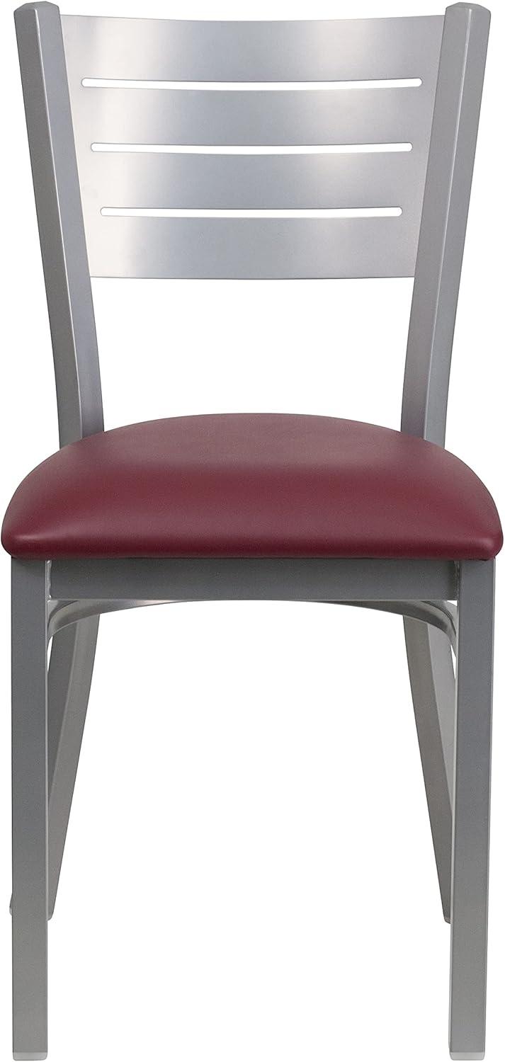 imageFlash Furniture HERCULES Series Silver Slat Back Metal Restaurant Chair Black Vinyl SeatBurgundy Vinyl SeatSilver Frame