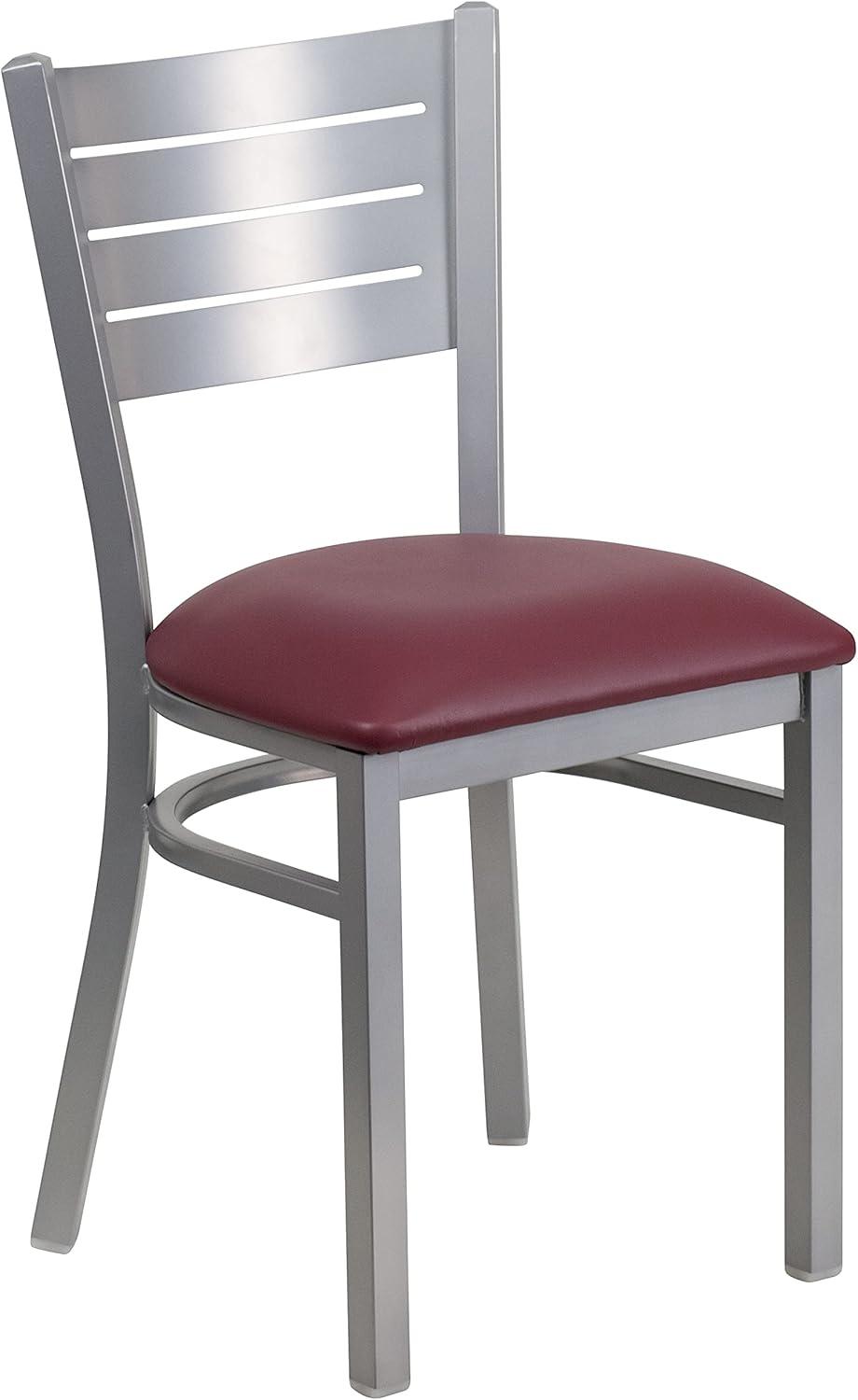 imageFlash Furniture HERCULES Series Silver Slat Back Metal Restaurant Chair Black Vinyl SeatBurgundy Vinyl SeatSilver Frame