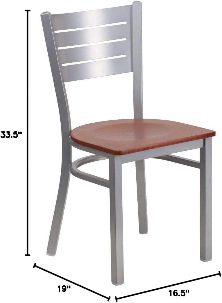 imageFlash Furniture HERCULES Series Silver Slat Back Metal Restaurant Chair Black Vinyl SeatCherry Wood Seat
