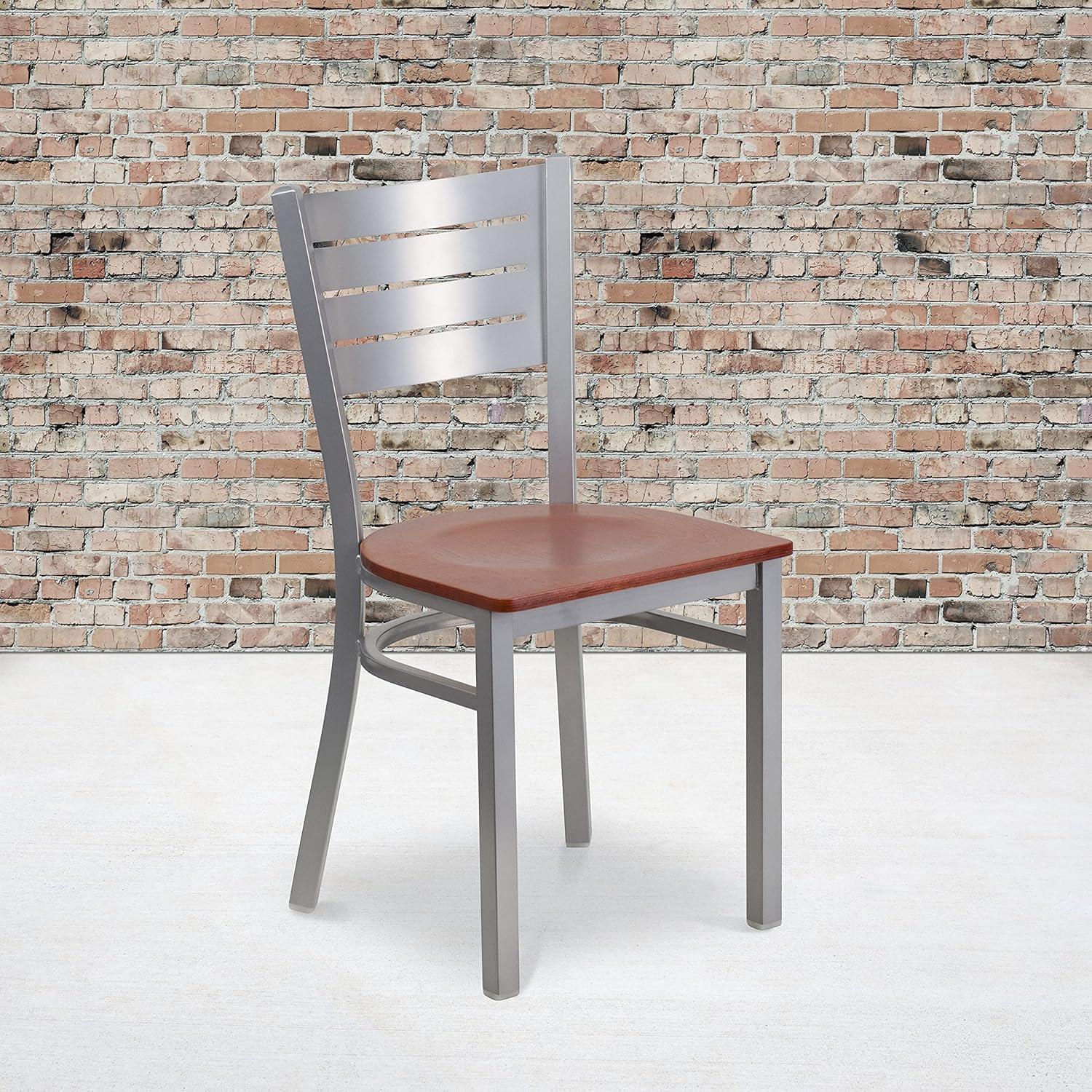 imageFlash Furniture HERCULES Series Silver Slat Back Metal Restaurant Chair Black Vinyl SeatCherry Wood Seat