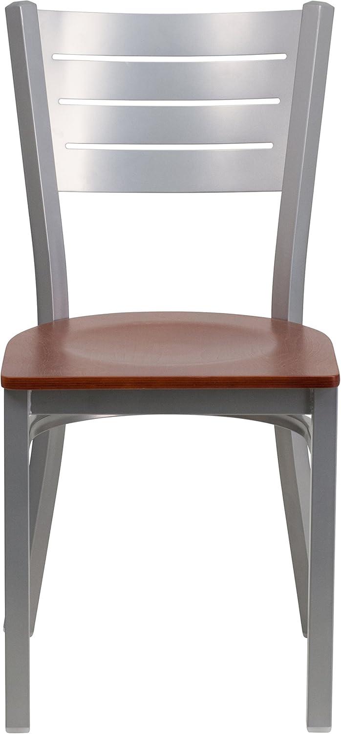 imageFlash Furniture HERCULES Series Silver Slat Back Metal Restaurant Chair Black Vinyl SeatCherry Wood Seat
