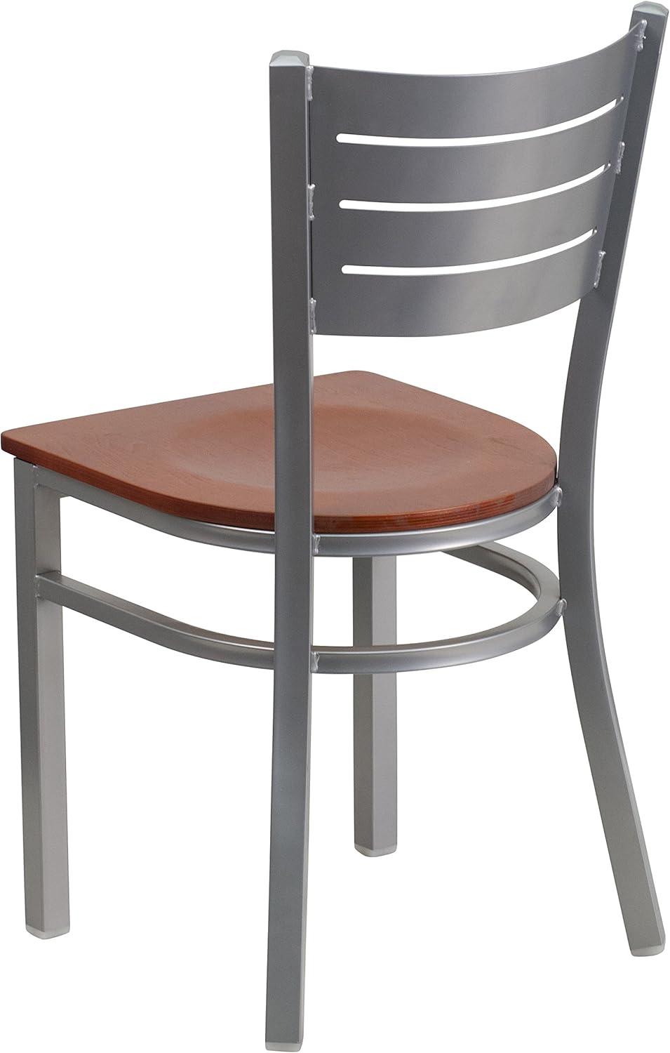 imageFlash Furniture HERCULES Series Silver Slat Back Metal Restaurant Chair Black Vinyl SeatCherry Wood Seat