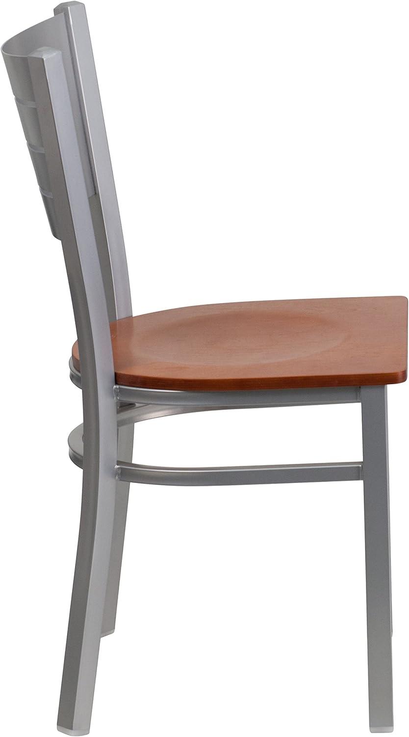 imageFlash Furniture HERCULES Series Silver Slat Back Metal Restaurant Chair Black Vinyl SeatCherry Wood Seat