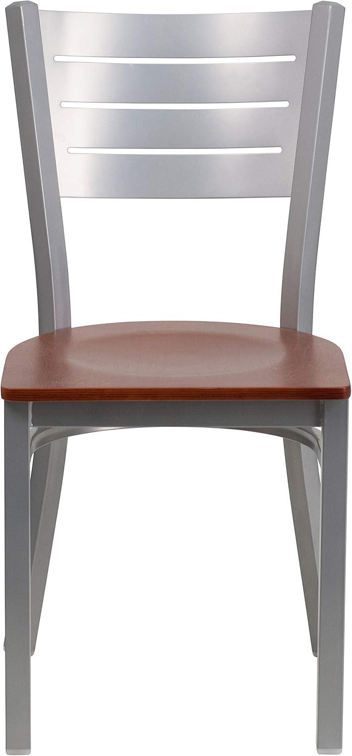 imageFlash Furniture HERCULES Series Silver Slat Back Metal Restaurant Chair Black Vinyl SeatCherry Wood SeatSilver Frame