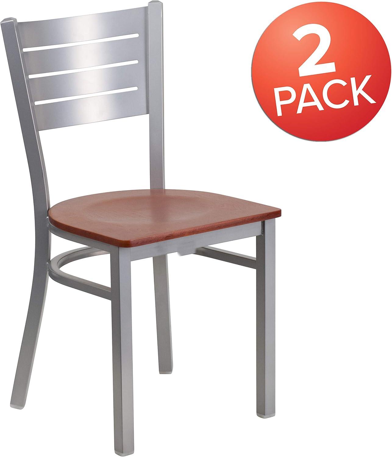 imageFlash Furniture HERCULES Series Silver Slat Back Metal Restaurant Chair Black Vinyl SeatCherry Wood SeatSilver Frame