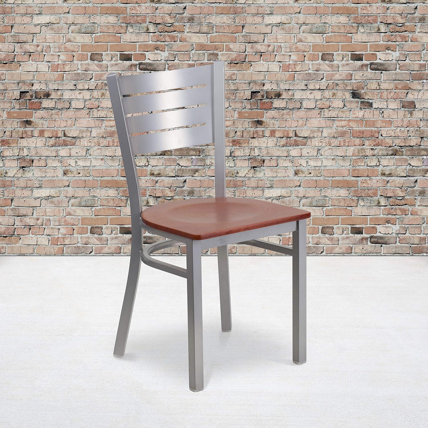imageFlash Furniture HERCULES Series Silver Slat Back Metal Restaurant Chair Black Vinyl SeatCherry Wood SeatSilver Frame